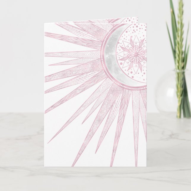 Cartão De Festividades Elegant Pink Sun Moon Doodle Mandala White Design (Frente)