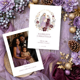 Cartão De Festividades Elegant Plum Holy Nativity Family Christmas Photo