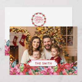 Cartão De Festividades Elegant Poinsettia Floral Border Custom Photo 