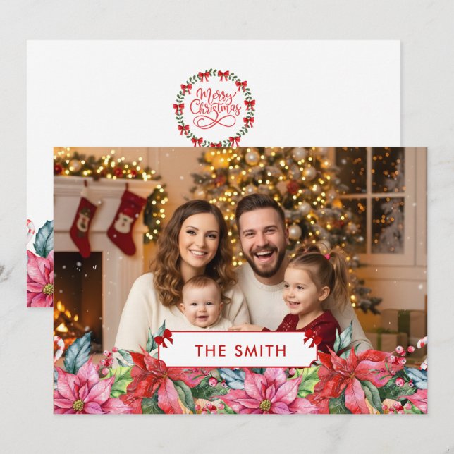 Cartão De Festividades Elegant Poinsettia Floral Border Custom Photo  (Frente/Verso)