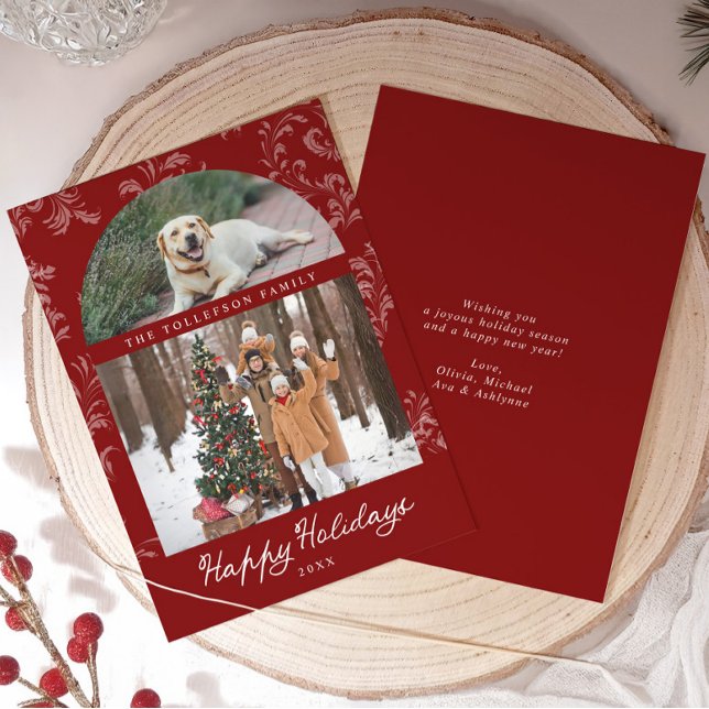 Cartão De Festividades Elegant Red Arch Family Photo Christmas (Elegant red and white vintage arch photo Christmas Cards with room for pet photo and message on back)