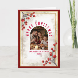 Cartão De Festividades Elegant Red Berries Family Photo Christmas Holiday