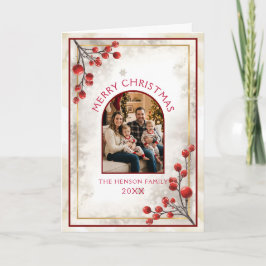 Cartão De Festividades Elegant Red Berries Family Photo Christmas Holiday