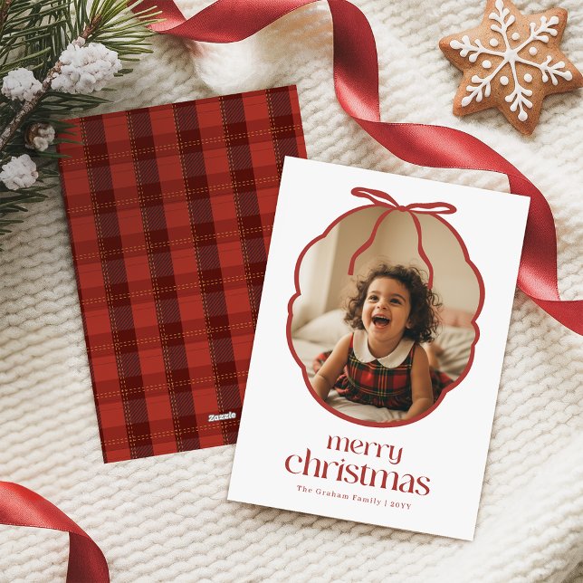 Cartão De Festividades Elegant Red Bow Playful Kid Family Photo Christmas (Criador carregado)