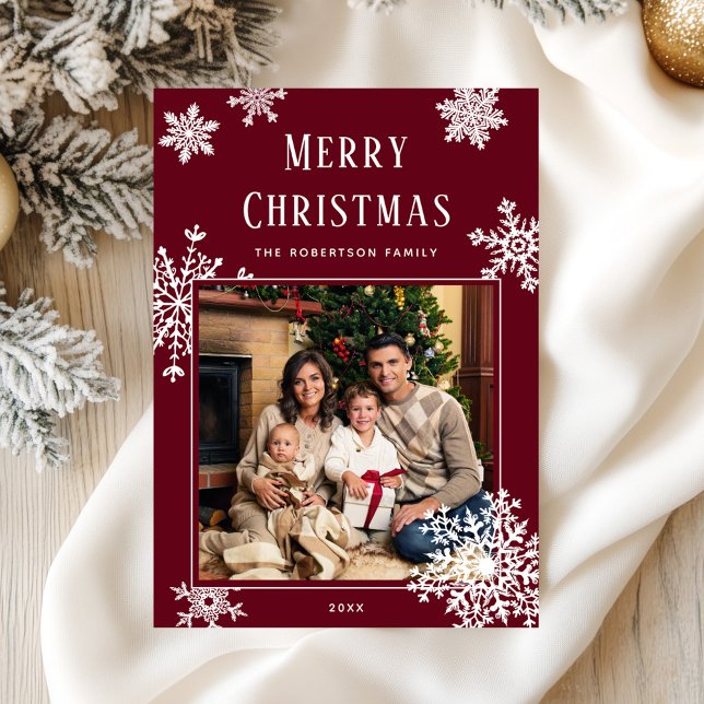 Cartão De Festividades Elegant Red Christmas Snowflakes Photo (Criador carregado)