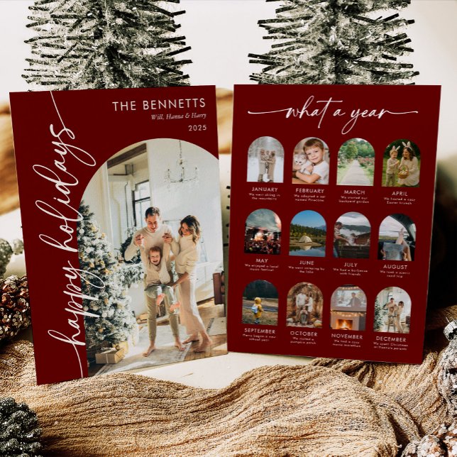 Cartão De Festividades Elegant Red What A Year Happy Holidays Photo (Criador carregado)