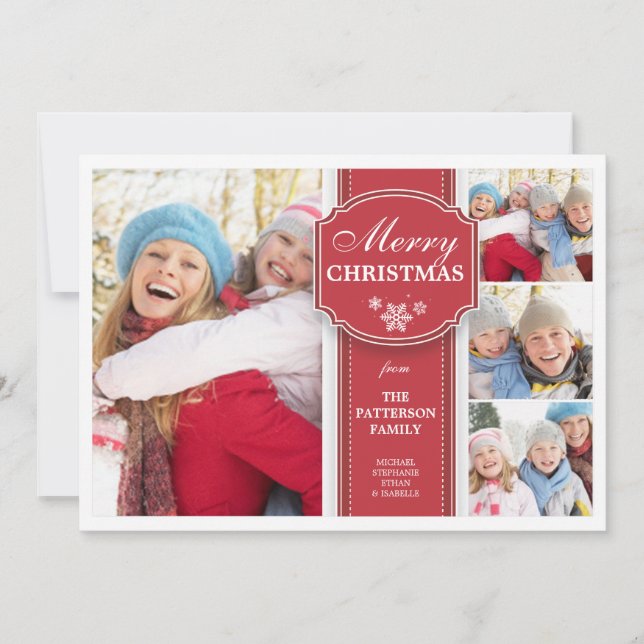 Cartão De Festividades Elegant  Red & White Snow 4 Photo Greeting Card (Frente)
