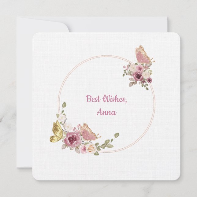 Cartão De Festividades Elegant Rose Gold Floral Butterfly Frame Card (Frente)