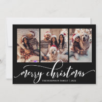 Elegant Script 3 Photo Collage Black Christmas