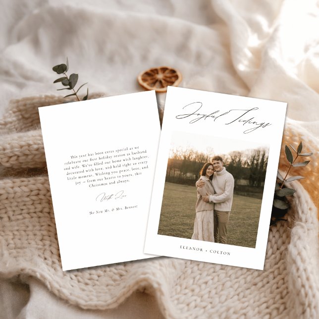Cartão De Festividades Elegant Script Joyful Tiding Boho Newlywed Photo (Criador carregado)
