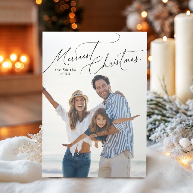 Cartão De Festividades Elegant Script Merry Christmas Family Photo (Elegant Script Merry Christmas Family Photo Holiday Card)