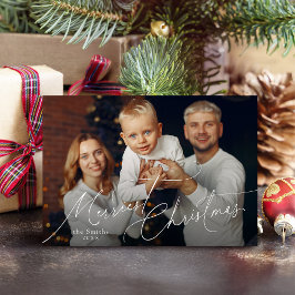 Cartão De Festividades Elegant Script Merry Christmas Family Photo