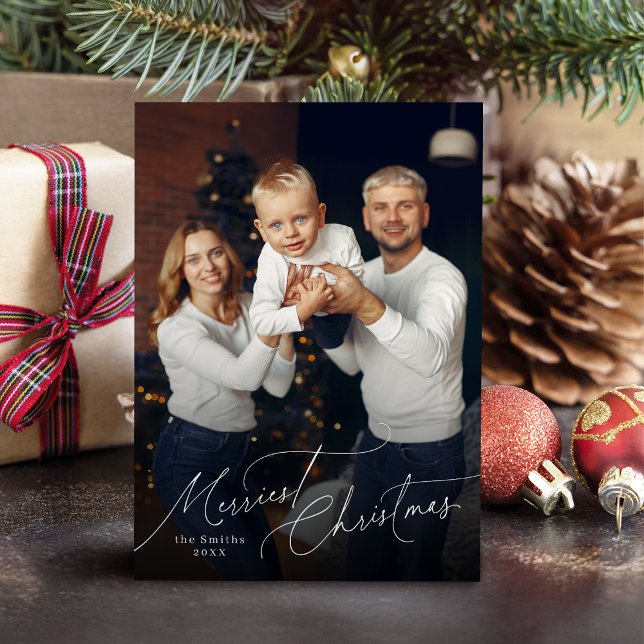 Cartão De Festividades Elegant Script Merry Christmas Family Photo (Elegant Script Merry Christmas Family Photo Holiday Card)