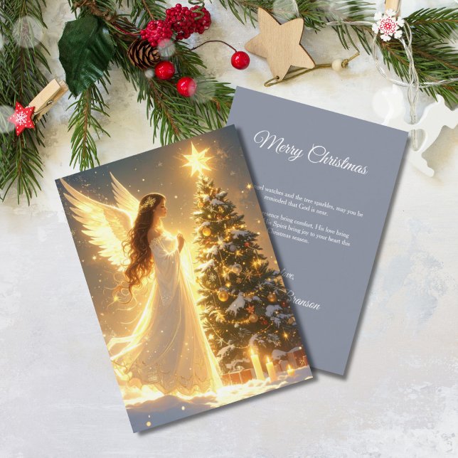 Cartão De Festividades Elegant Script Tree Non Photo Christian Angel  (Glowing Angel Christmas Tree Card)