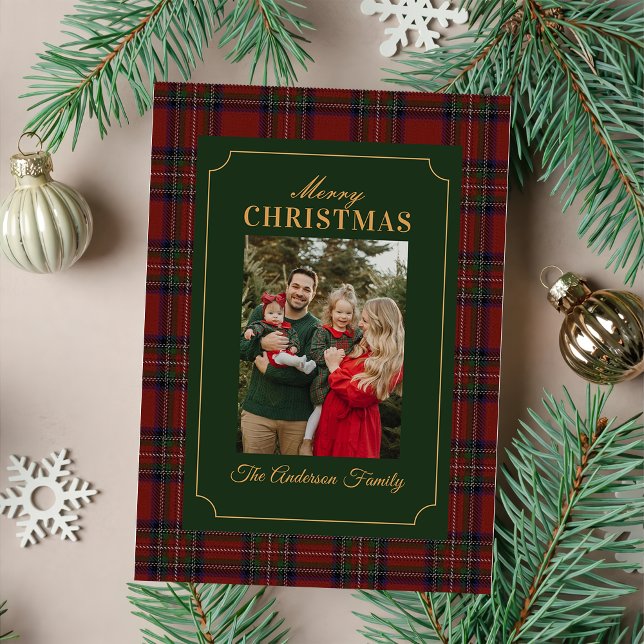 Cartão De Festividades Elegant Tartan Plaid Family Photo Christmas (Criador carregado)