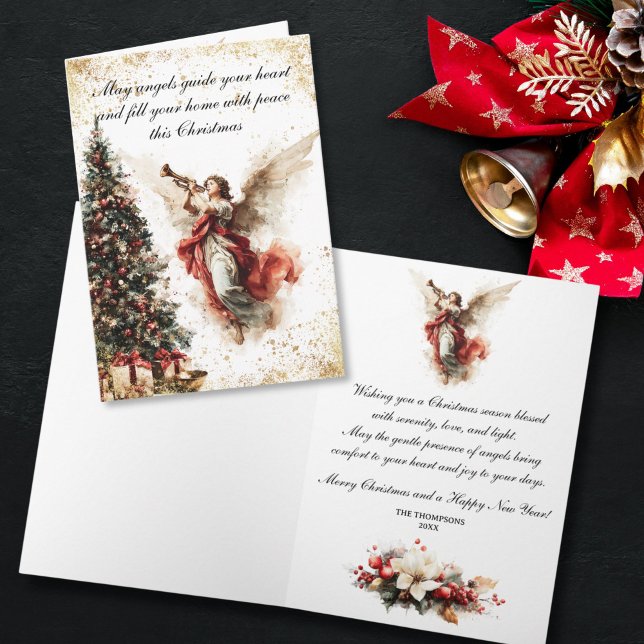Cartão De Festividades Elegant Vintage Christmas Angel (Vintage holiday greeting card depicting an angel with golden accents and floral elements)