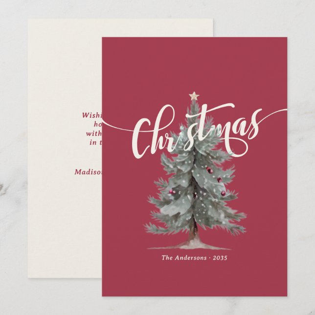 Cartão De Festividades Elegant Vintage Merry Christmas Script Rustic Tree (Frente/Verso)