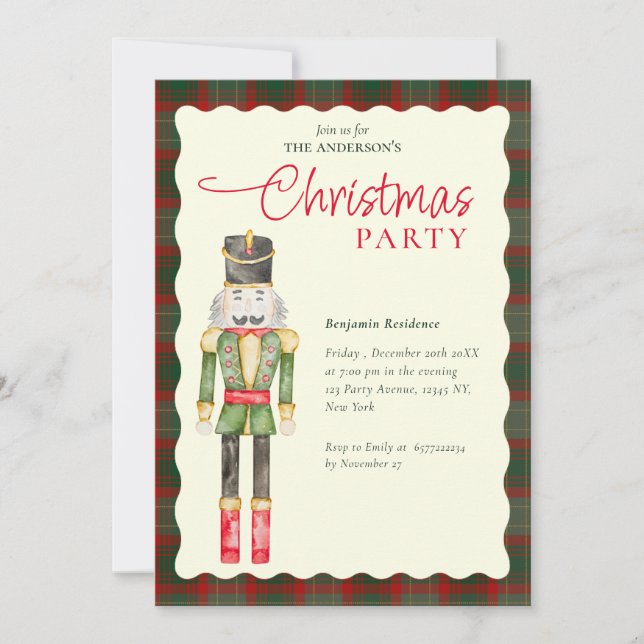 Cartão De Festividades Elegant Watercolor Nutcrackers Christmas Party  (Frente)