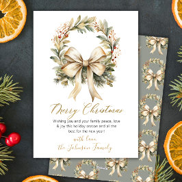 Cartão De Festividades Elegant Watercolor Wreath Gold Bow Merry Christmas