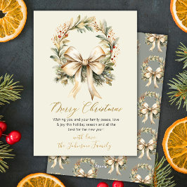 Cartão De Festividades Elegant Watercolor Wreath Gold Bow Merry Christmas