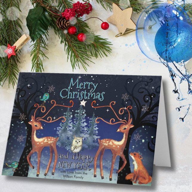 Cartão De Festividades Elegant Woodland Deer Christmas | Forest Scene (Elegant Woodland Deer Christmas  Forest Scene Holiday Card)