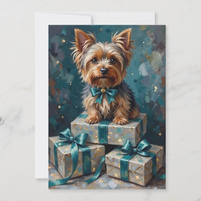 Cartão De Festividades Elegant Yorkshire Terrier Dog Holiday Gift Stack (Frente)