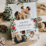 Cartão De Festividades Elegante 3 Foto de inverno Botânica Feliz Natal<br><div class="desc">Esta coleção apresenta florais vermelhos de aquarela,  bagas e verde de inverno com tipografia moderna e elegante,  com padrão botânico de inverno.</div>
