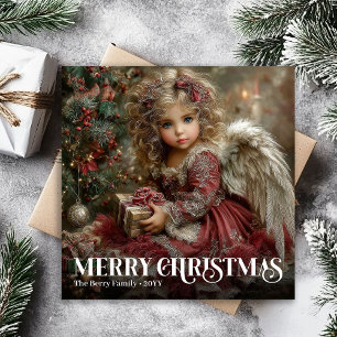 Cartão De Festividades Elegante Anjo de Natal Vermelho Borgonha Vitoriano