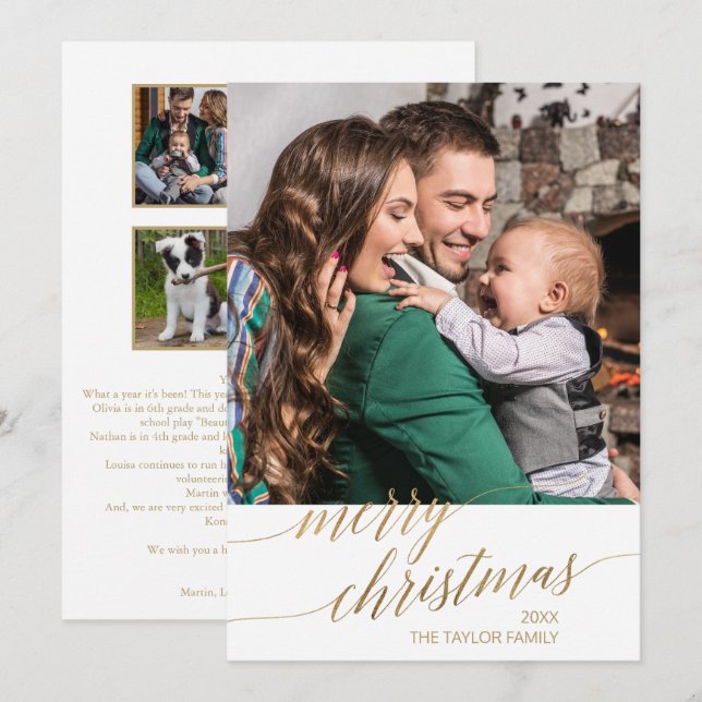 Cartão De Festividades Elegante Ano Dourado De Caligrafia Em Revisão Foto (Frente/Verso)