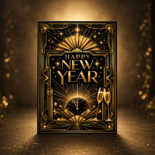 Cartão De Festividades Elegante Ano Novo Art Déco em Ouro