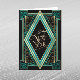 Cartão De Festividades Elegante Ano Novo Dourado Teal Art Déco