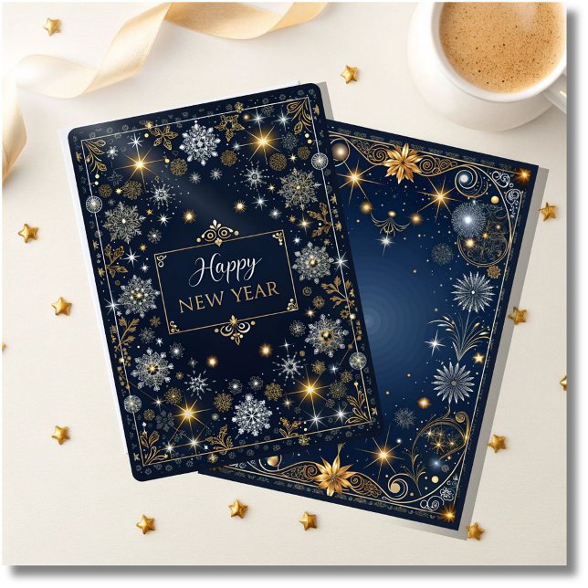 Cartão De Festividades Elegante Ano Novo Preto, Azul e Dourado (elegant blue and gold happy new year card, sophisticated holiday greeting card, stylish new y)