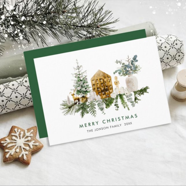 Cartão De Festividades Elegante Aquarela Composição de Natal Saudação (Criador carregado)