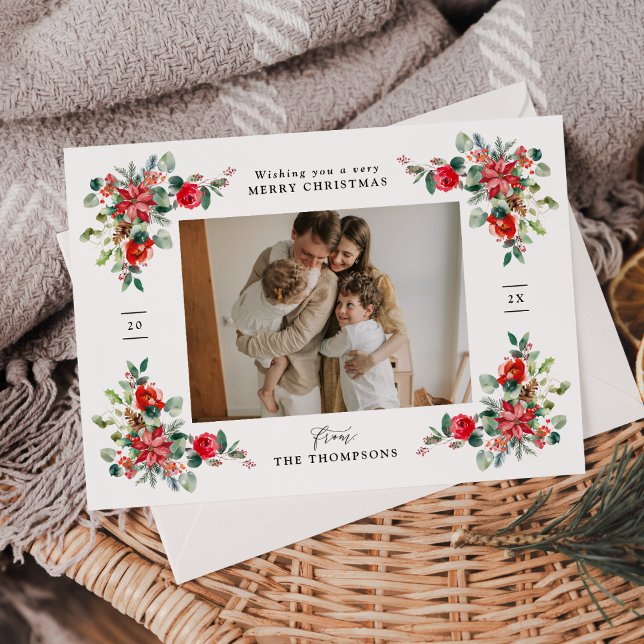 Cartão De Festividades Elegante Aquarela Florais de inverno Foto Natal (Criador carregado)