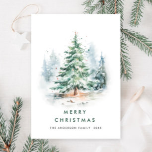 Cartão De Festividades Elegante Aquarela Pinheira de Natal de inverno