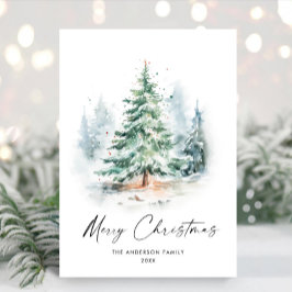 Cartão De Festividades Elegante Aquarela Pinheira de Natal de inverno