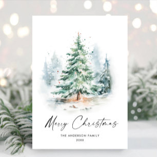 Cartão De Festividades Elegante Aquarela Pinheira de Natal de inverno