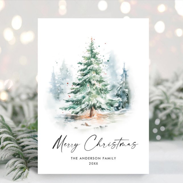 Cartão De Festividades Elegante Aquarela Pinheira de Natal de inverno (Criador carregado)