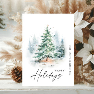 Cartão De Festividades Elegante Aquarela Pinheira de Natal de inverno