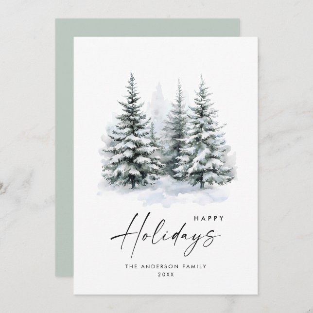 Cartão De Festividades Elegante Aquarela Pinheira de Natal de inverno (Frente/Verso)