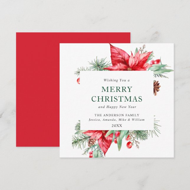 Cartão De Festividades Elegante Aquarela Poinsettia Saudação de Natal (Frente/Verso)