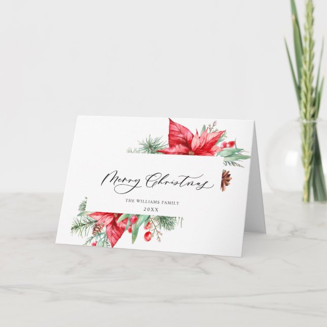 Cartão De Festividades Elegante Aquarela Poinsettia Saudação de Natal (Frente)