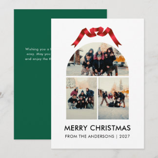 Cartão De Festividades Elegante Arco de Fita Vermelha 3 Foto Feliz Natal