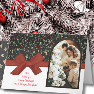 Cartão De Festividades Elegante Arco Floral Foto Laço Vermelho Natal 