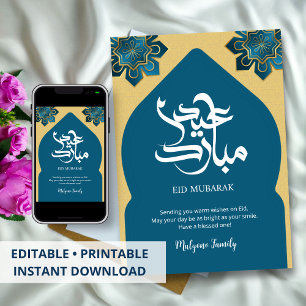 Cartão De Festividades Elegante Arco Islâmico Dourado Saudação Eid Mubara