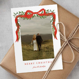 Cartão De Festividades Elegante Arco Vermelho com Foto de Natal com Verdu