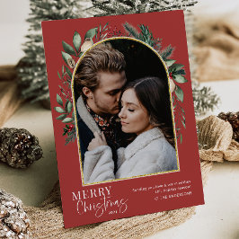 Cartão De Festividades Elegante Arranjo de Natal com Verde e Arco Dourado