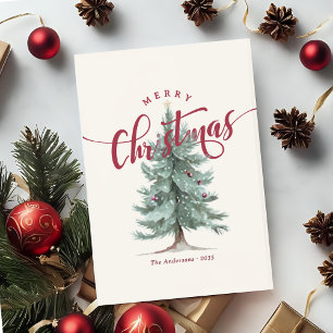Cartão De Festividades Elegante Árvore Rústica de Natal com Letreiro de F