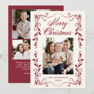 Cartão De Festividades Elegante Azevinho Burgundy Feliz Natal 5 Foto