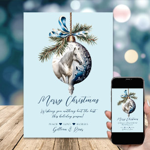 Cartão De Festividades Elegante azul-natalino equestre branco